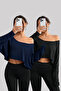 Black - Navy Blue 2-Piece Women's Off-Shoulder Boat Neck Oversized Long Sleeve Crop T-Shirt