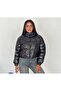 Women Shiny Black Mock Neck Zipper Short Puffer Coat - 2