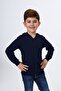 Navy Blue Boys' College Collar Zippered Pocket Embroidery Printed Knitted Cardigan - 2 Thread