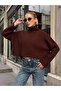 Turtleneck Corded Fabric Knitwear Oversized Sleeve Curled Detail Brown Crop Sweater - 5