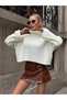 Turtleneck Corded Fabric Knitwear Oversized Sleeve Curled Detailed White Color Crop Sweater - 8