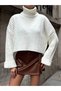 Turtleneck Corded Fabric Knitwear Oversized Sleeve Curled Detailed White Color Crop Sweater - 5