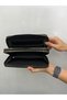 Large Size Women's Double Zippered Leather Handbag Wallet with Phone Compartment Black with Gold Detail - 5