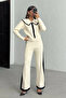 Women's Ecru Stylish Collar Detailed Buttoned Blouse Pants Bottom Top Two-Piece Knitwear Set - 4