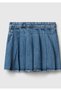 Girl's dark blue stonewashed denim skirt with pleats, side zipper, and above-knee length. - 2