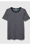 Women's Navy Blue 100% Cotton Left Six Logo Striped Round Neck T-Shirt - 2