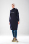 Women's Navy Blue Zippered High Collar Pocketed Soft Texture Long Sleeve Hijab Sport Tunic Dress _2290 - 2