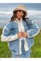 Dame Women's Ecru Blue Jean Paneled Zippered Lamb Plush Coat - 6