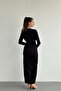 Women's Black Shoulder Pad Look Belted Draped Long Dress - 7
