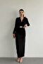 Women's Black Shoulder Pad Look Belted Draped Long Dress
