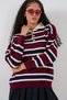 Women's Striped Polo Neck Knit Sweater 15952 - Burgundy - 4