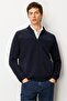 Men's Judge Collar Felt Knitwear Wool Coat with Chest and Pocket Details, Dark Blue - 2