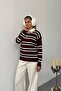 Women's Polo Neck 3 Button Navy Blue White Striped Burgundy Sweater - 5