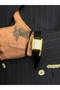 Gold Color Stainless Steel Men's Handcuff Bracelet with Black Enamel Detail in the Middle - 4