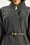 Women's Anthracite Gold Button Detailed Stand Collar Belted Poncho 60282033 - 6