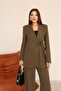 Khaki Tie-Front Blazer with Pocket Detail and High Waist Pants Two-Piece Set - 3