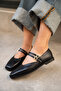 Jadon Black Leather Double Buckle Detailed Women's Ballerinas - 3