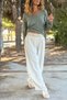 Beige Pocketed Washable Soft Textured Brode Elastic Waist Wide Leg Cotton Loose Trousers 100 30 - 4