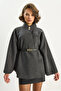 Women's Anthracite Gold Button Detailed Stand Collar Belted Poncho 60282033 - 5