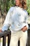 Ecru Crew Neck Washed Stone Embroidered Soft Textured Loose Sweater 60 50 - 3