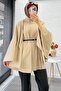 Single Button Front Belted Gabardine Poncho - Beige - 6