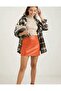 Orange, Faux Leather, Elastic Waist, Tight Mini Skirt - 2