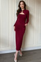 Draped Stylish Midi Burgundy Dress with Neck Accessories and Low-Cut Chest - 5