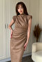 Suede Shoulder Pad Piece Front Slit Beige Midi Dress - 5