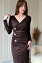 Stylish Midi Brown Dress with Slit V-Neck on the Front and Gold Accessory Detail - 5