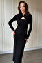 Draped Midi Black Dress with Neck Accessory and Low-Cut Chest
