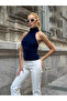 Women's Navy Blue Fisherman Halter Neck Backless Soft Textured Knit Bustier Blouse - 4