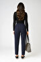 Women's Navy Blue Double Buttoned Pocketed Pleated High Waist Carrot Cut Stretch Fabric Fabric Trousers - 5