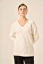 Women's Pearl Detailed Diamond Patterned V-Neck Sweater Ecru 25057 - 6