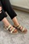 Woman simya beige leopard double banded capsule detailed thick sole orthopedic sandal beige leopard