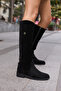 Denim Women's Black Genuine Leather Suet Back Elastic Detail Boots - 2