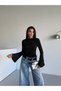 Women's Clothing Black Color Sandy Fabric Narrow Ribbed Boat Neck Detailed Long Sleeve Blouse - 5