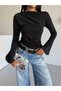 Women's Clothing Black Color Sandy Fabric Narrow Ribbed Boat Neck Detailed Long Sleeve Blouse - 6