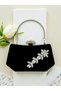Black Color Suede Stone Pearl Detailed Handle Women's Evening Dress Bag - 3
