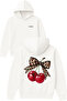 Leopard Ribbon Cherry Design Printed Oversized White Hooded Sweatshirt