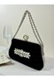 Black Suede Evening Bag: Crystal Evening Bag with Pearl and Chain Detail - 6