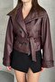 Women's Leather Trench Coat Jacket - Belted, Buttoned Crop Biker Faux Leather Coat - 3