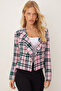 Women's Pink-Green Double-Breasted Collar Tweed Crop Jacket Arm-24K001014 - 3