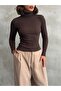Women's Brown Corded Fabric Turtleneck Blouse - 2