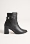 Women's Genuine Leather Buckle Heeled Boots - Black - 3