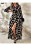 New Season Women's Patterned Single Jersey Long Dress with Buttoned Belt and Collar Design