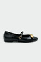 Loes Black Leather Flat Women's Ballerinas with Gold Accessories