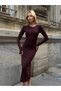Women's Brown Crew Neck Finger-Looped Long Sleeve Sandy Fabric Midi Innerwear Dress - 2