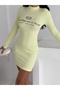 Women Yellow Color Ribbed Knit Corded Fabric Fabric Mock Neck Long Sleeve Bodycon Dress Length 85 cm - 2