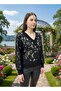 V-Neck Embossed Ethnic Motif Figured Transparent Crisp Blouse with Tiny Collar Accessories - 4