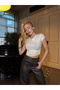 Women's White Draped Degaje Collar Short Sleeve Body Hugging Sandy Fabric Crop Blouse - 5